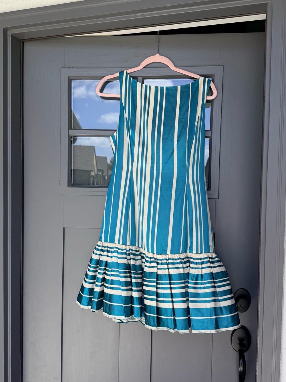 Trina Turk Teal and White Vertical Stripe Sleeveless Ruffle-Hem Dress